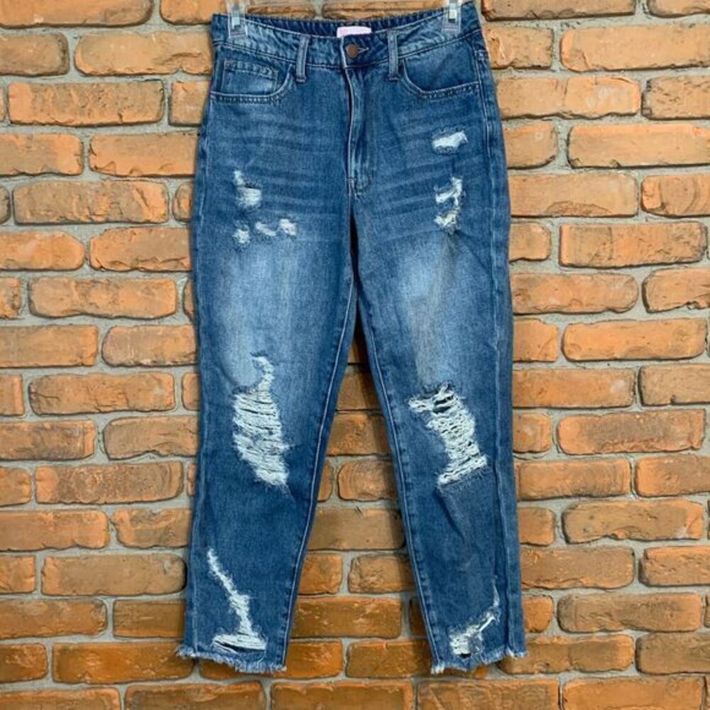 Pink Lily Womens 3 Jeans Blue Distressed Mom High Rise Destroyed Denim Raw Hem